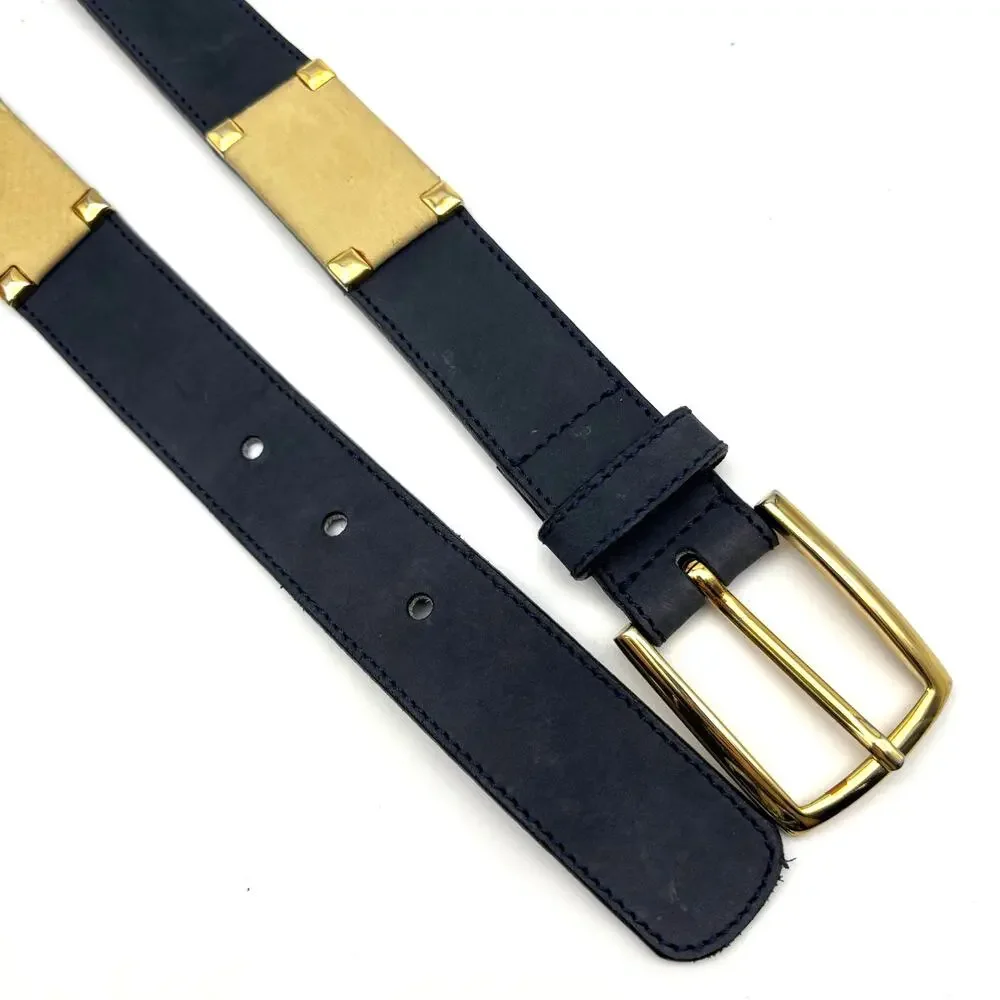1980s Roberto Bellido Navy & Cream Genuine Leather Gold Studs Waist Belt 29-31